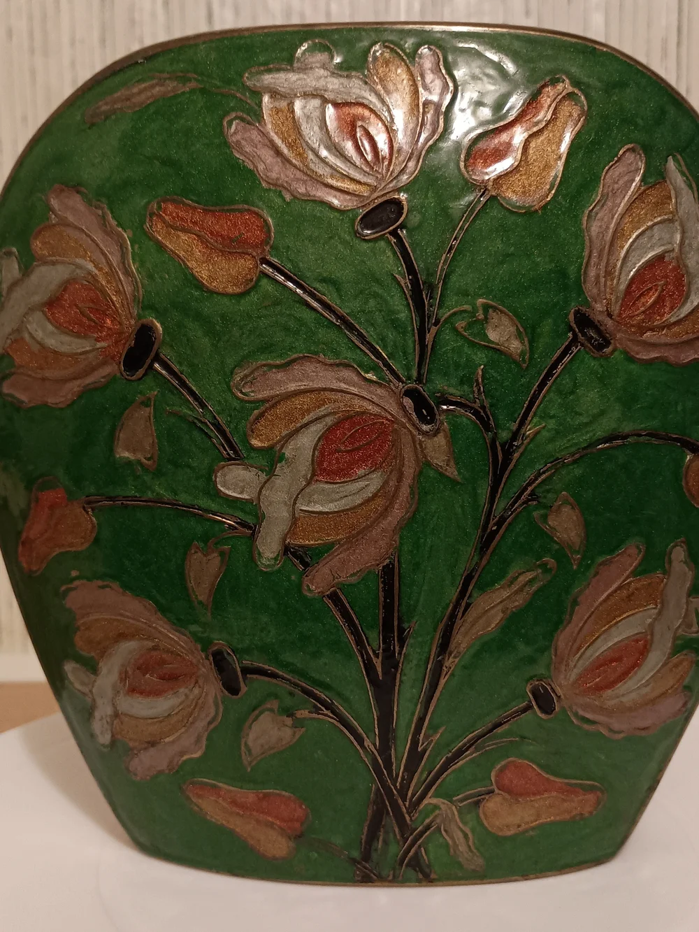 Vintage Indian Brass Enamel Floral Vase Green